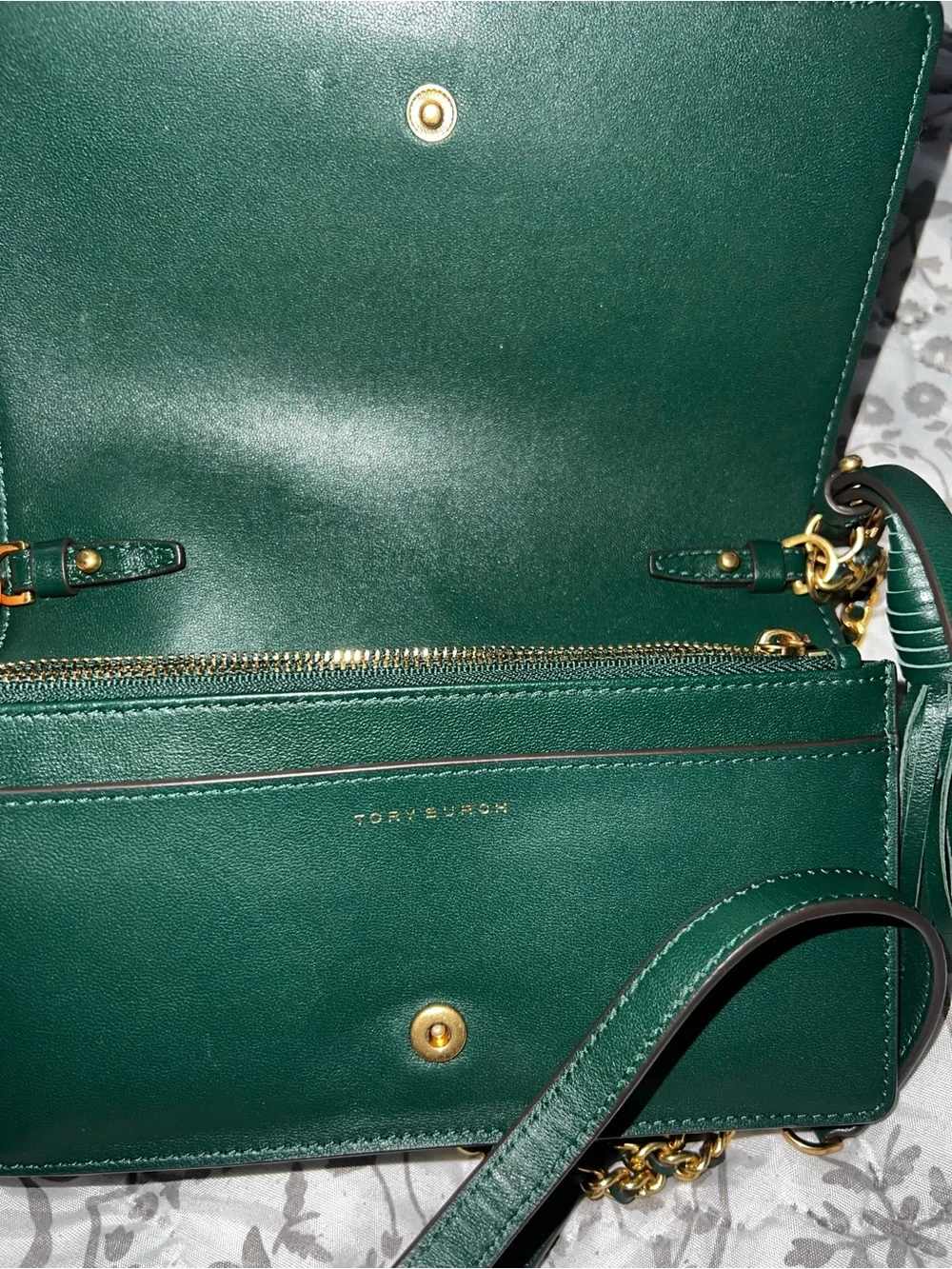 Tory Burch Dark Green Quilted Tassel Wristlet